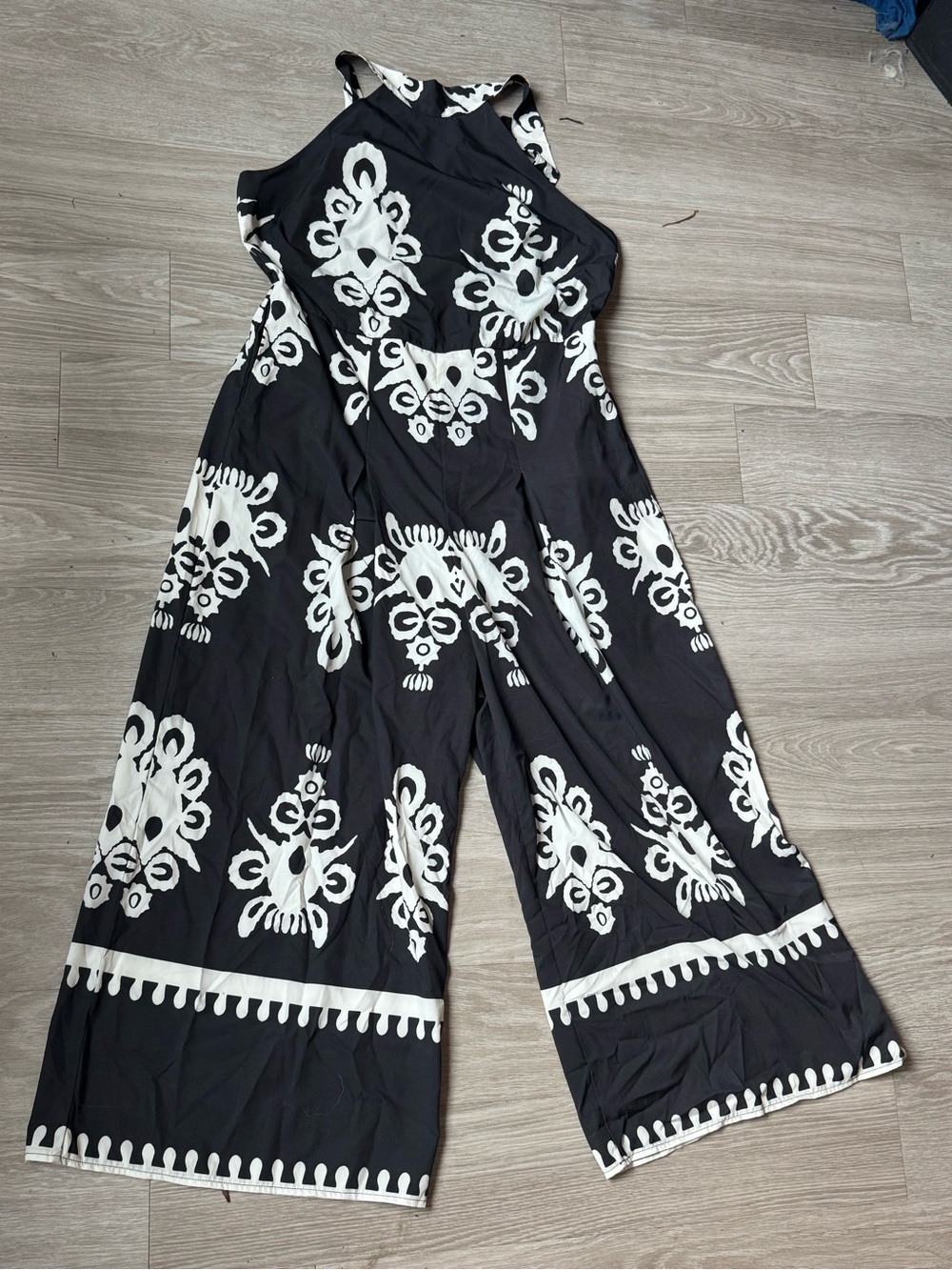 Black & White Embroidered Halter Wide-Leg Jumpsuit